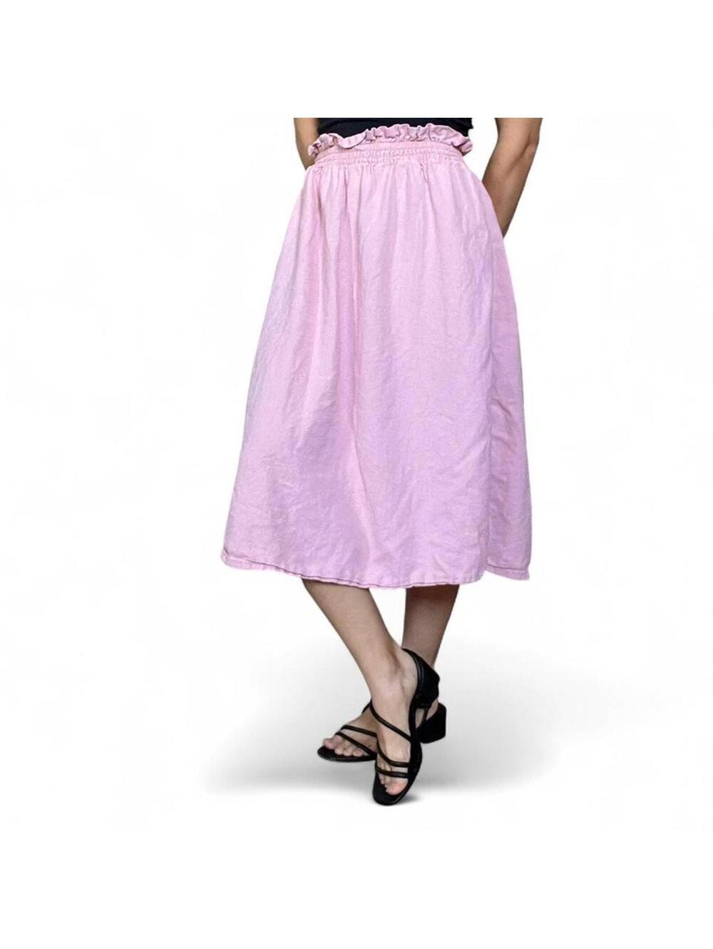 Pink Linen Blend Midi Skirt